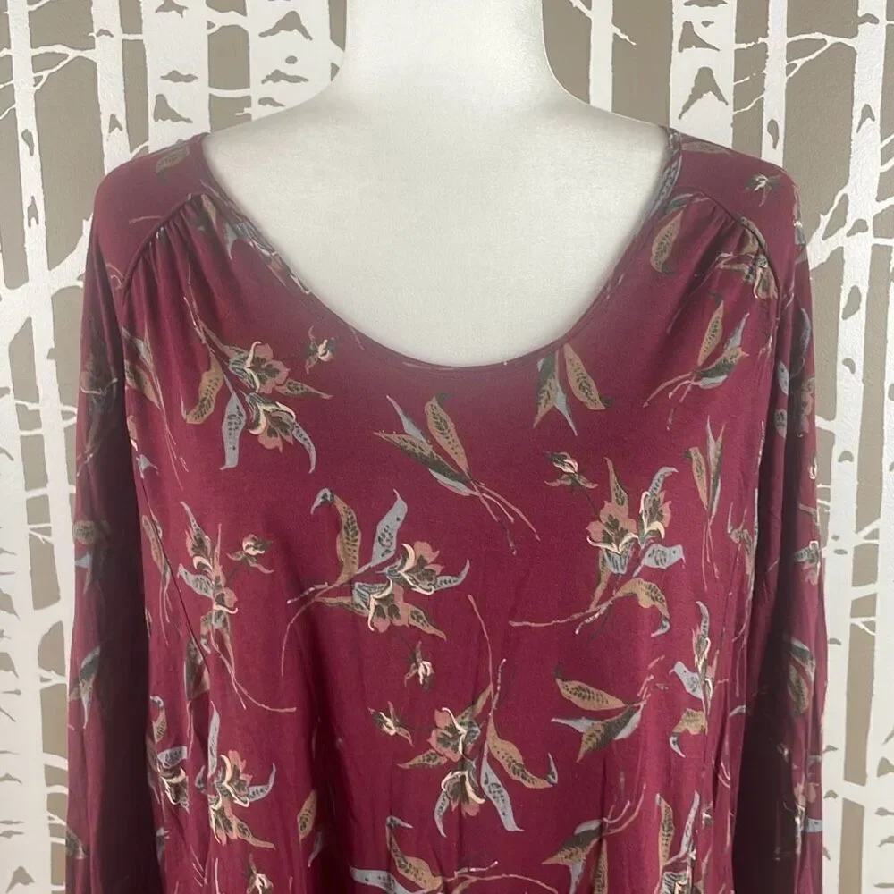 Free People Burgundy Floral Print Open Draped Back Long Sleeve Top S - Picture 3 of 10